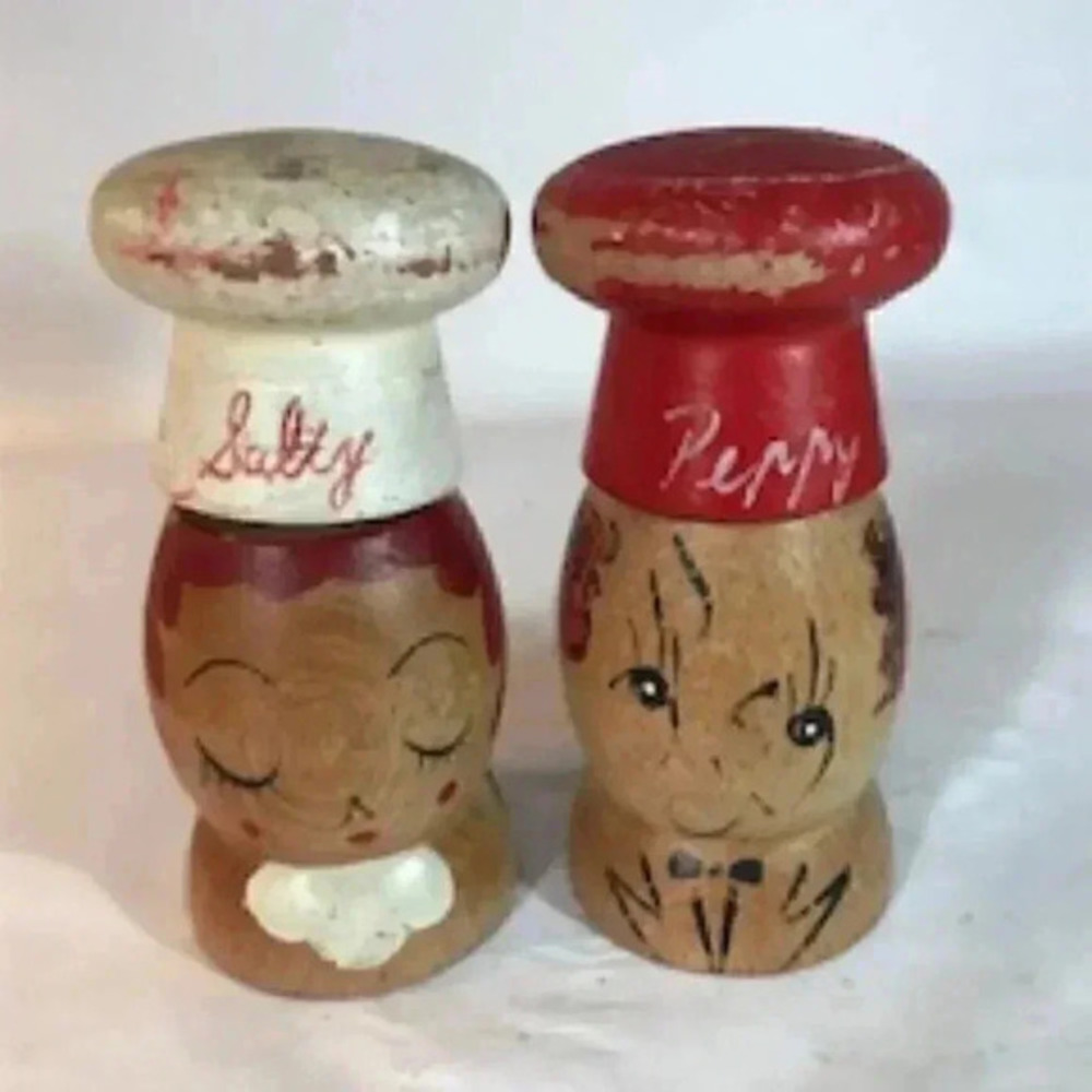 Vintage Salty And Peppy Wooden Salt And Pepper Shakers 5” Tall